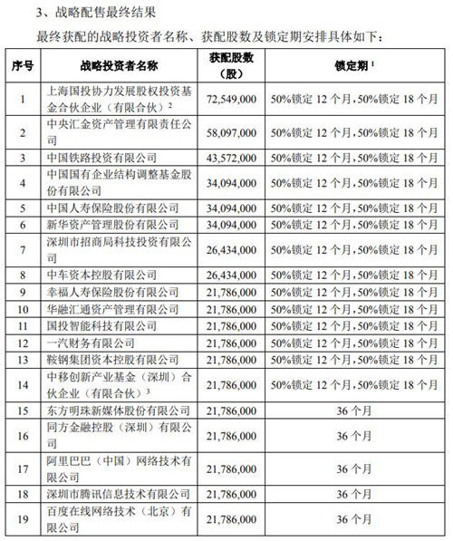 战略投资者名单